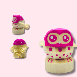 Hibou à pois et fleurs de prunier fushia signé Kazunori Sato